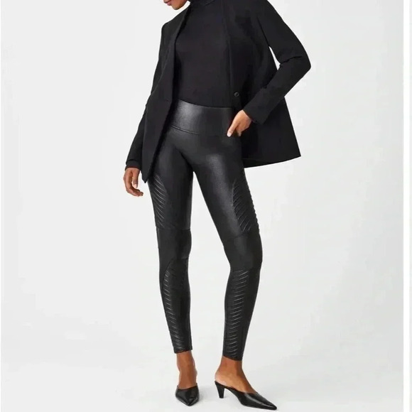 Spanx Women Faux Leather Moto Leggings Black Skinny Legs Pull On Size L - Picture 1 of 16